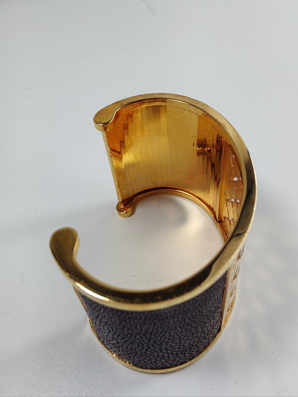 Rebecca Italy Wide Gold Tone Brown Textured Cuff Bracelet Designer Statement - Picture 10 of 14